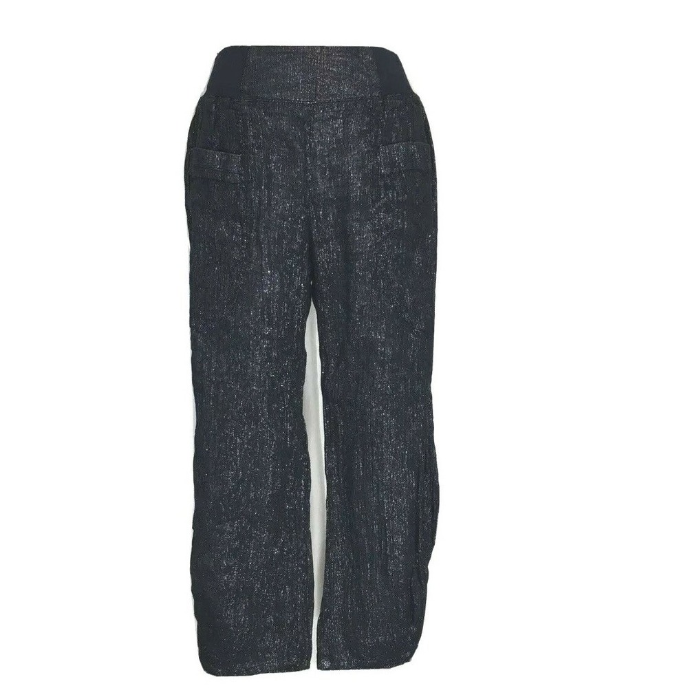 Soft Surroundings Pants SMALL Navy Blue Silver Metallic Linen Bl Ankle Ruched